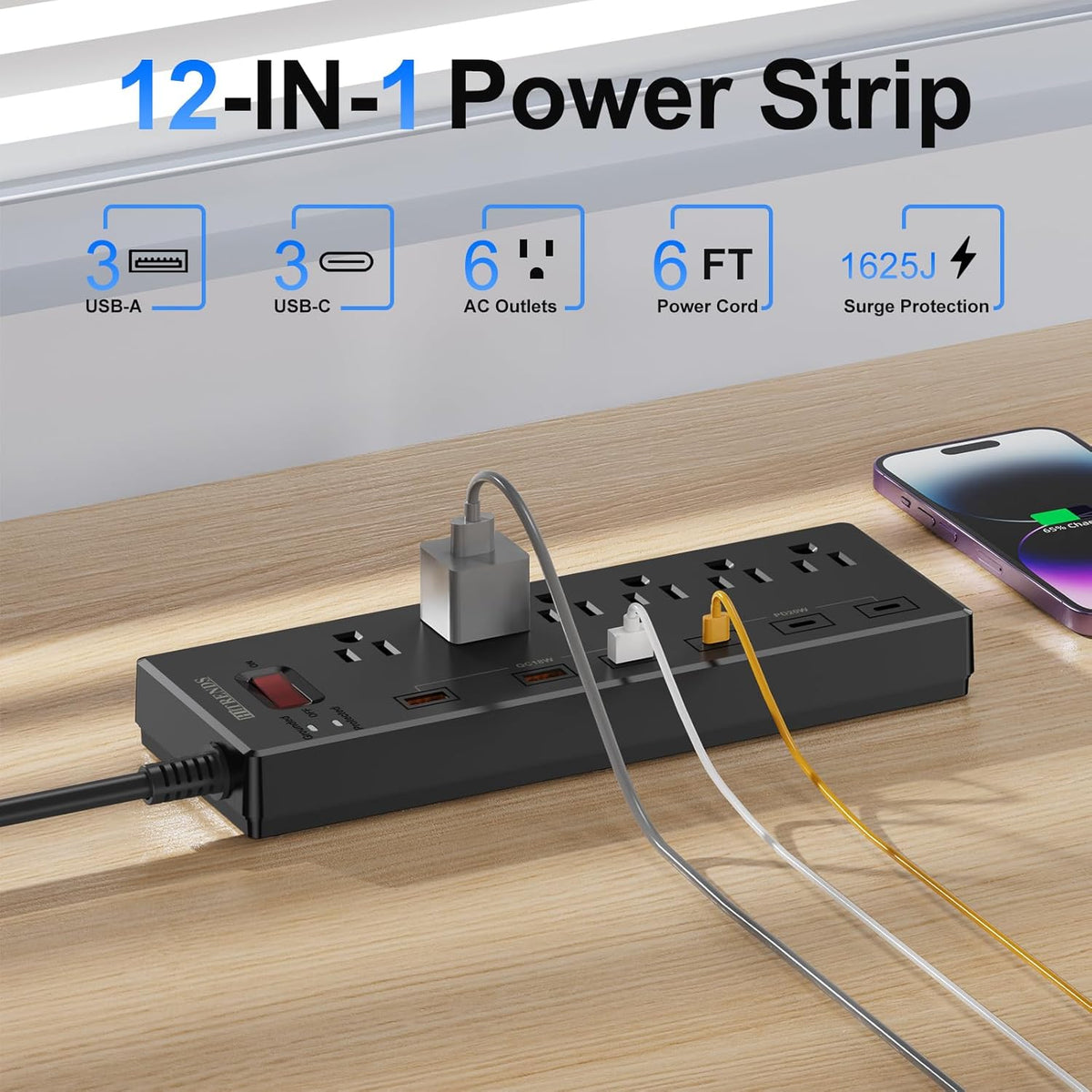 Power Strip,  Surge Protector with 6 AC Outlets & 6 USB Charging Ports, 6 Feet Heavy Duty Extension Cord, 1625W/13A Multiplug for Home Office & Multiple USB Devices - Black