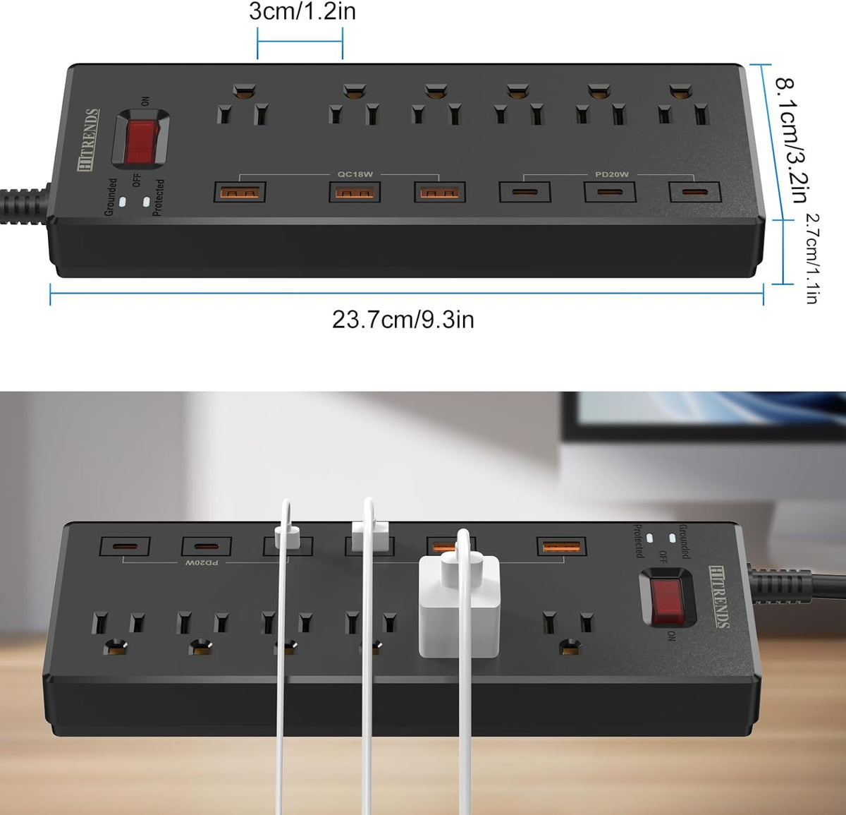 Power Strip,  Surge Protector with 6 AC Outlets & 6 USB Charging Ports, 6 Feet Heavy Duty Extension Cord, 1625W/13A Multiplug for Home Office & Multiple USB Devices - Black