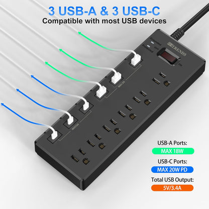Power Strip,  Surge Protector with 6 AC Outlets & 6 USB Charging Ports, 6 Feet Heavy Duty Extension Cord, 1625W/13A Multiplug for Home Office & Multiple USB Devices - Black