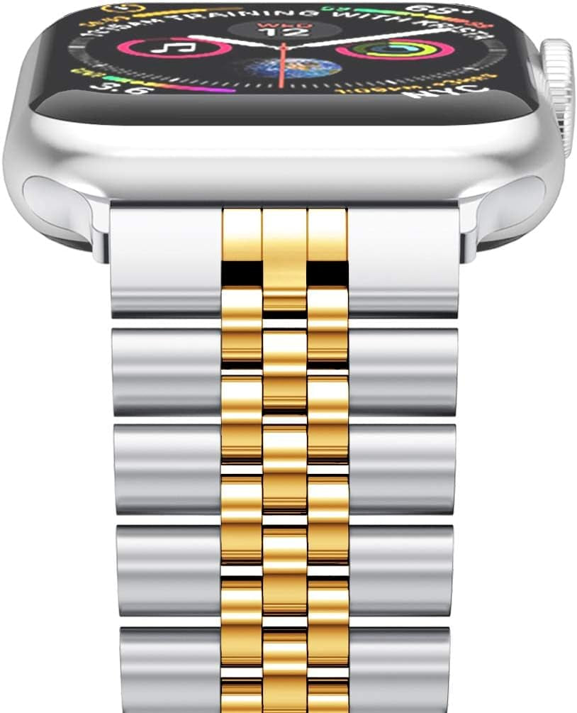 Compatible with Apple Watch Band 45Mm 44Mm 42Mm 41Mm 40Mm 38Mm, Stainless Steel Heavy Band with Butterfly Folding Clasp Link Bracelet for Iwatch Series7/6/Se Series 5/4/3/Men Women ,Silver/Gold, 41Mm/40Mm/38Mm