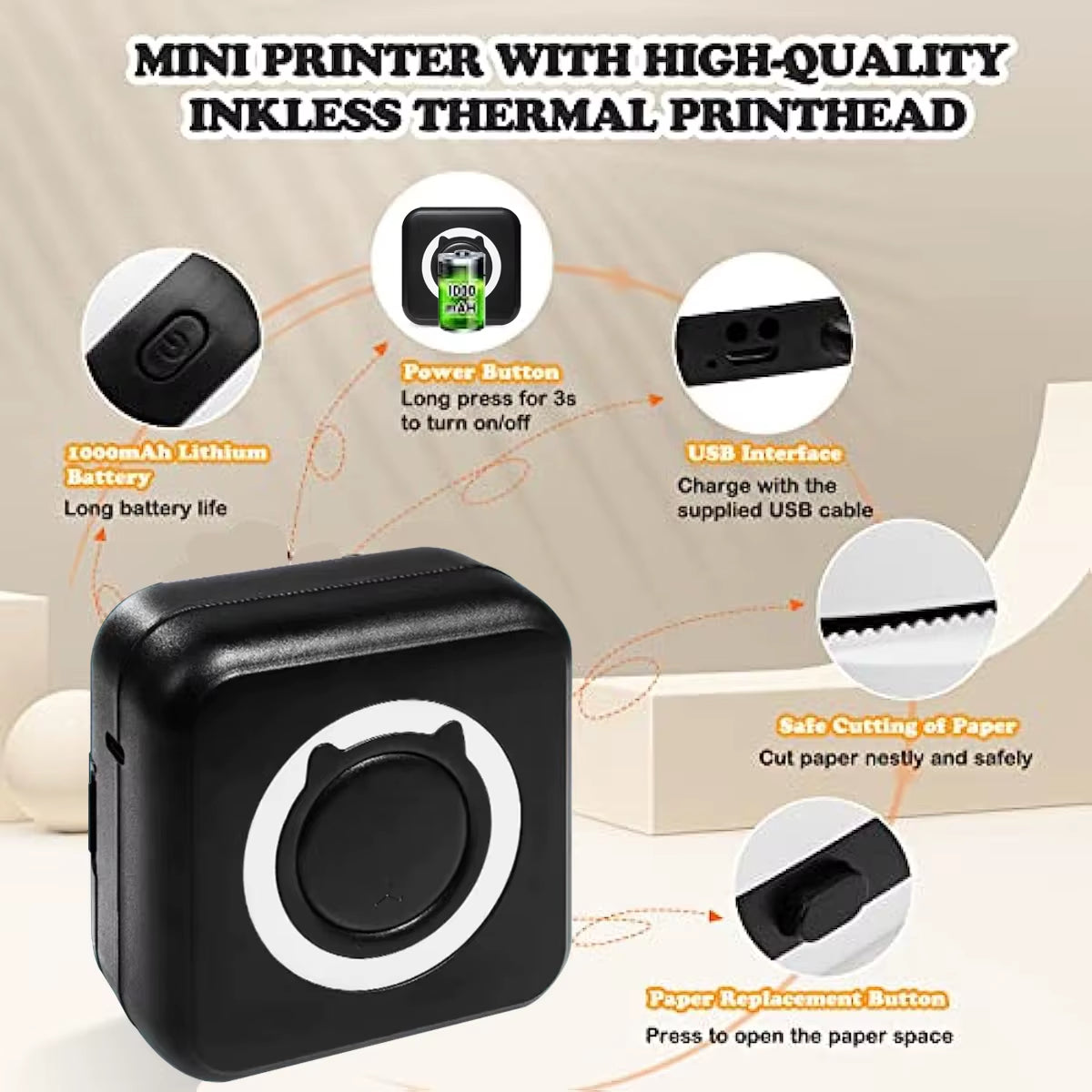 Mini Portable Thermal Printer Paper Photo Pocket Thermal Printer Printing Wireless BT Connect Printers 200Dpi Photo Lable