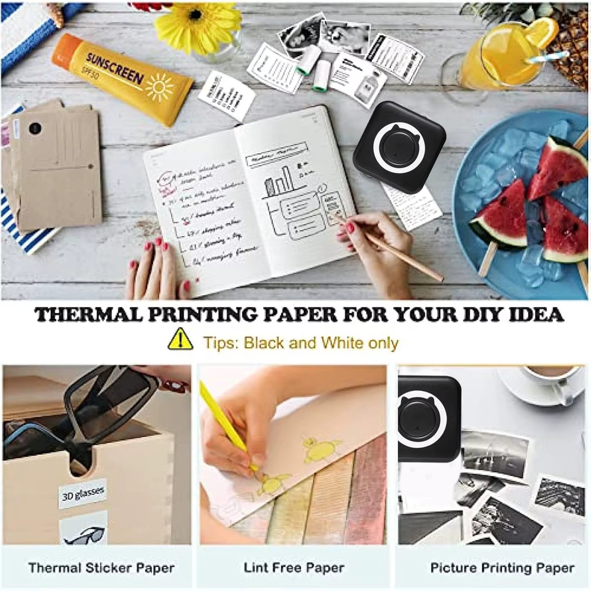 Mini Portable Thermal Printer Paper Photo Pocket Thermal Printer Printing Wireless BT Connect Printers 200Dpi Photo Lable
